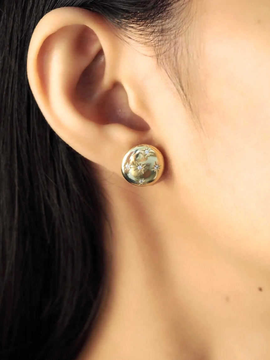 Gold Button Earring Studs with Cz Star Accents