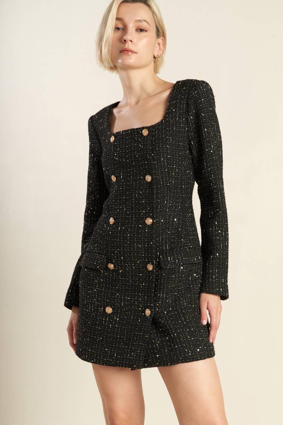 long sleeve tweed mini dress HEART UNBOUND Low Water Use Wear to Work: Ruffled Polyester/Spandex Color:sky blue