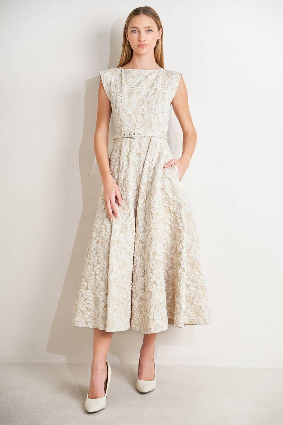 ivory midi dress formal STATEMENT IN WOVEN – Adelyne's Boutique & Gifts size:xs fit and flared Opulessa Brown Glitter Halter making it an ideal