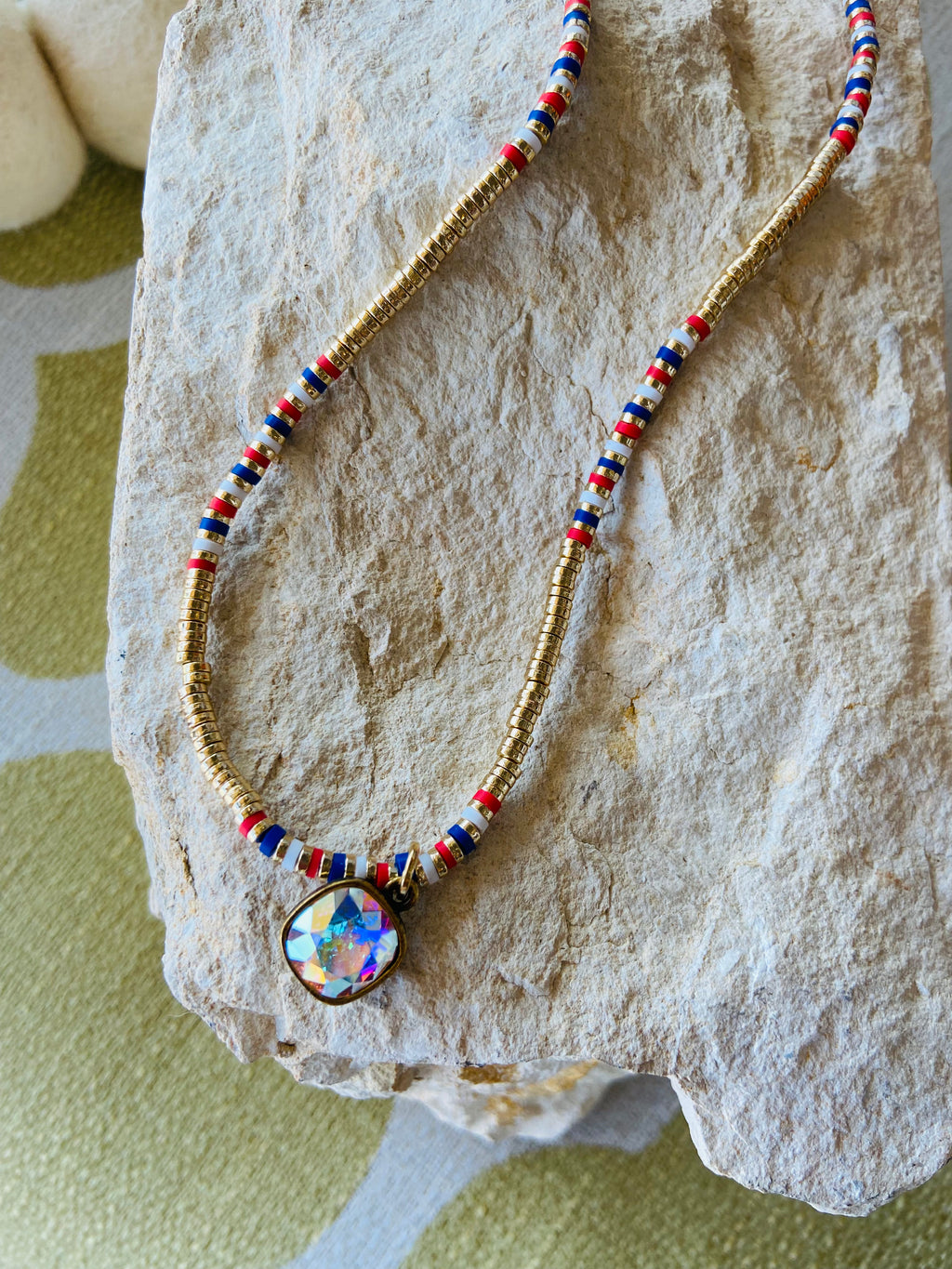 Red White Blue Disc Bead Necklace PINK PANACHE