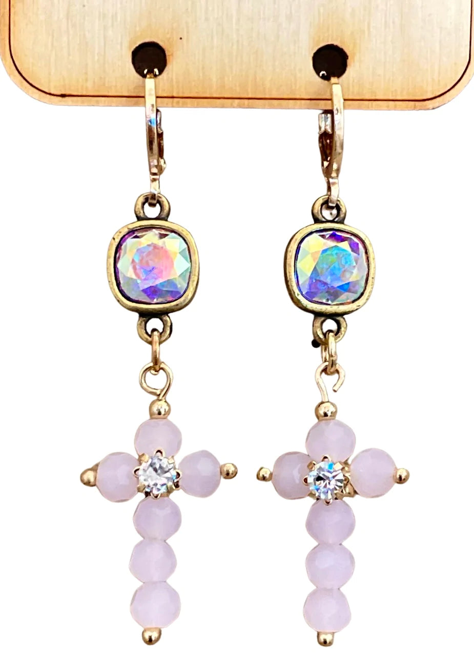 Light Pink Bead Cross Earrings