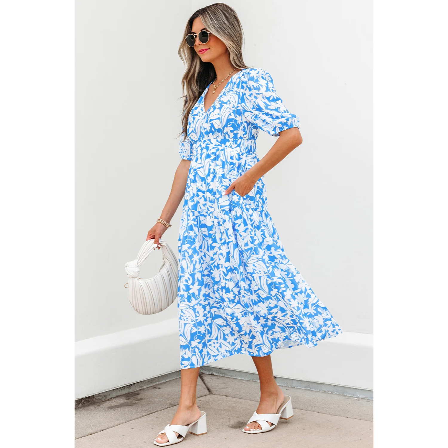 Stacey-Sky Blue Floral V Neck Puff Short Sleeve Flowy Long Dress SMALL