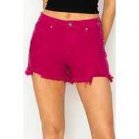 Rosie -Risen Mid Rise Fuchsia Frayed Hem Shorts