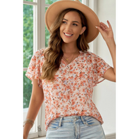 Kara - Orange Flutter Sleeve Floral  Blouse