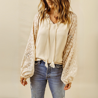 Shirley-Beige Leopard Mesh Bubble Sleeve Split Neck Blouse