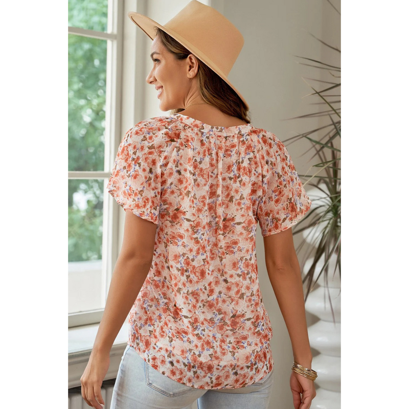 Kara - Orange Flutter Sleeve Floral  Blouse