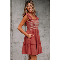 JudyAnn-Red Sandalwood Geometric Stitch Shirred Bodice Ruffled Trim Sleeveless Mini Dress