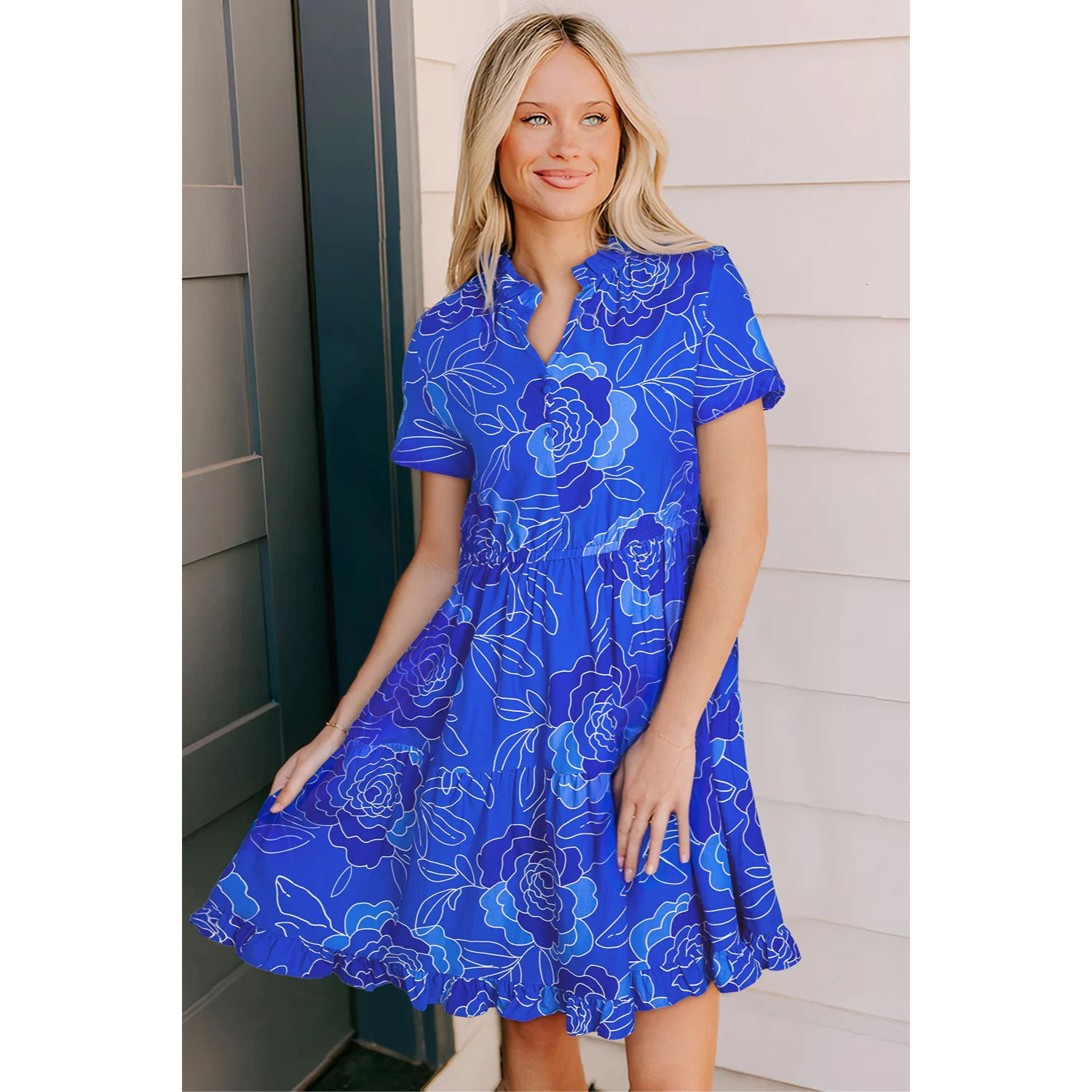 Lola-Blue Floral Ruffled Hem V Neck Short Sleeve Flowy Mini Dress Lola-Blue Floral Ruffled Hem V Neck Short Sleeve Flowy Mini Dress
