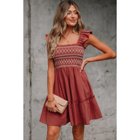JudyAnn-Red Sandalwood Geometric Stitch Shirred Bodice Ruffled Trim Sleeveless Mini Dress
