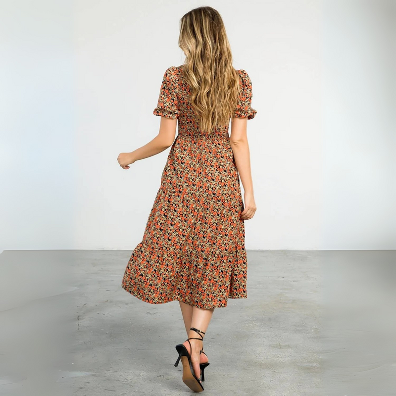Agnes-Smocked Floral Print Midi Dress