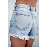 Talla- Light Blue Distressed Ripped Raw Hem High Waist Denim Shorts