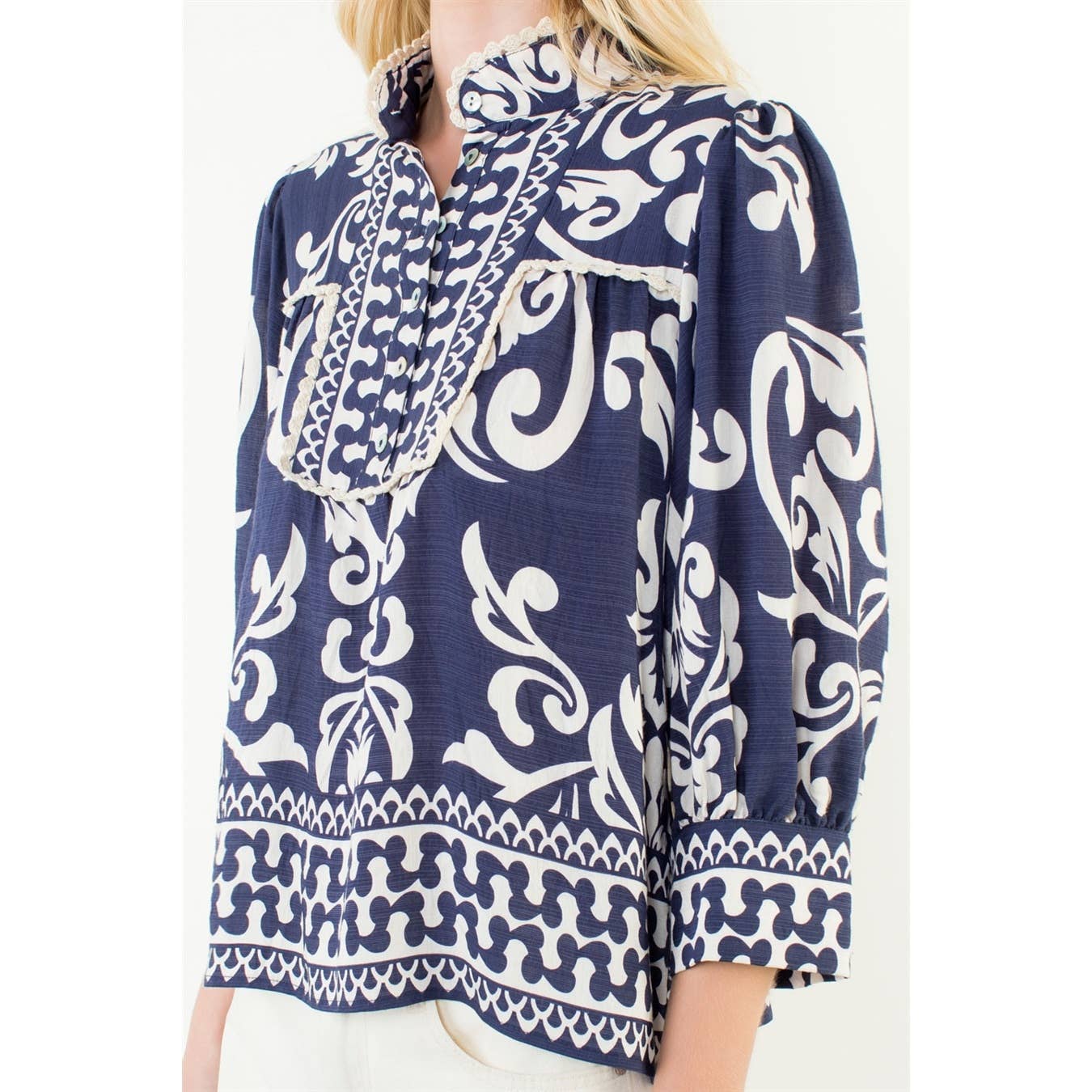 Nicolette - Long Sleeve Lace Trim Print Top