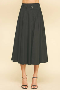 Lynne- Pleated A-Line Midi Skirt with Belt