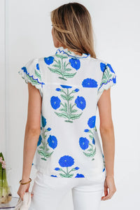 Marissa - Blue Wild Flower Print Short Sleeve Blouse