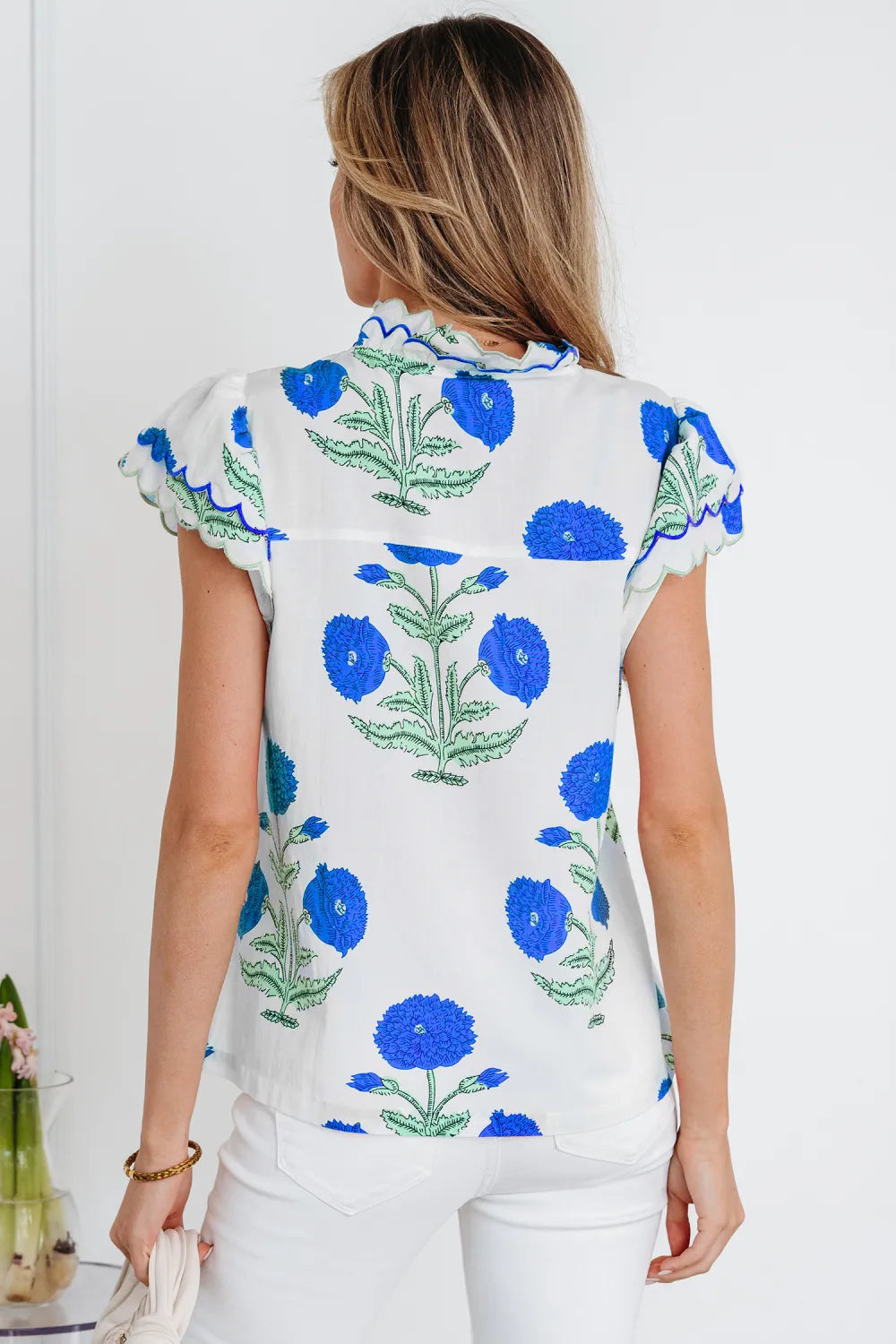 Marissa - Blue Wild Flower Print Short Sleeve Blouse