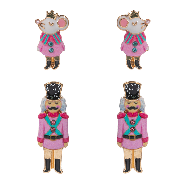 Pink Nutcracker and Mouse King enamel earrings set