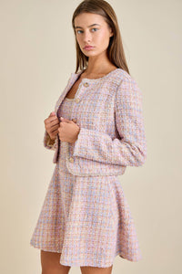 Sloane - Pastel Sequin Braid Detailed Round Neck Tweed Jacket & Mini Dress Set