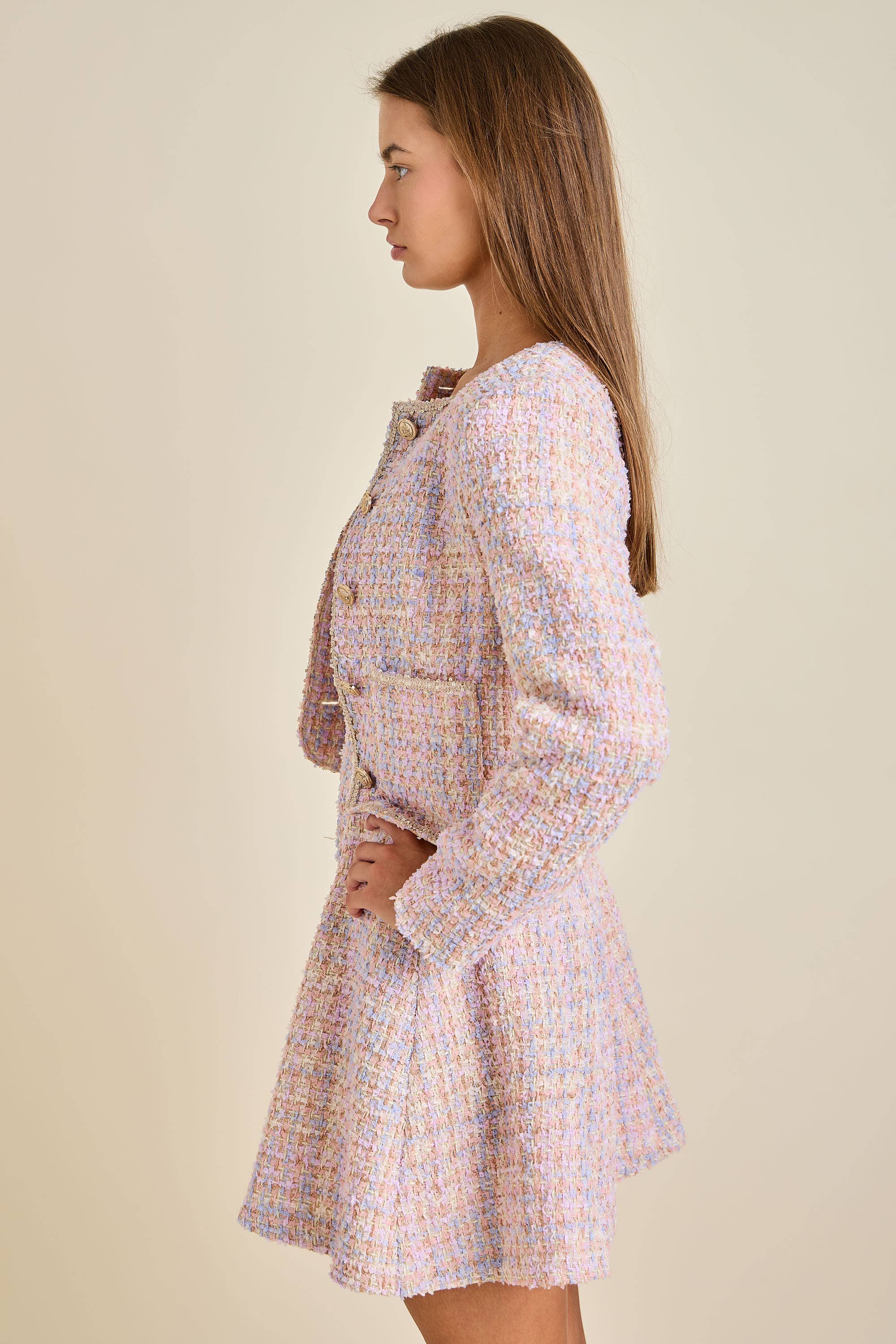 Sloane - Pastel Sequin Braid Detailed Round Neck Tweed Jacket & Mini Dress Set