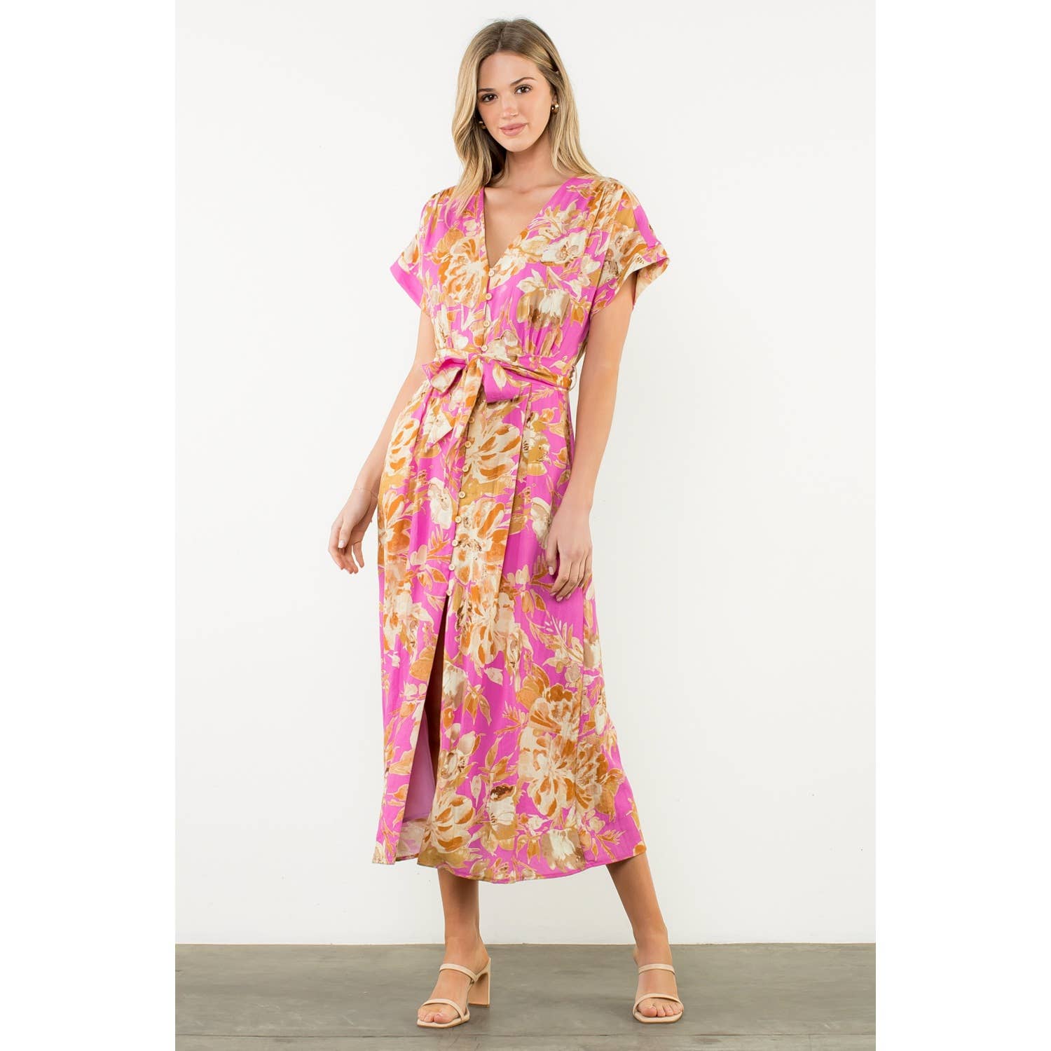 Jaylen - Belted V-Neck Floral Button Dress