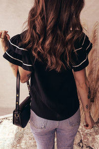 Daniela -Black Contrast Trim Dual Ruffle Short Sleeve Textured Blouse