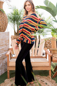 Sally - Multi Print Twist Front Cold Shoulder Knit Top