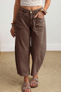 Miranda - Coffee Solid Color Square Patch Pocket Ankle-length Barrel Jeans
