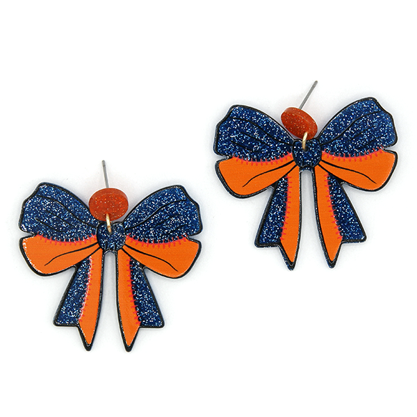 Astros Baseball Glittery Orange & Blue Resin Ribbon Earrings