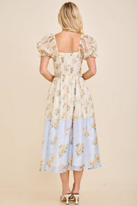 Cassy Floral print colorblock midi dress with puff short sleeves