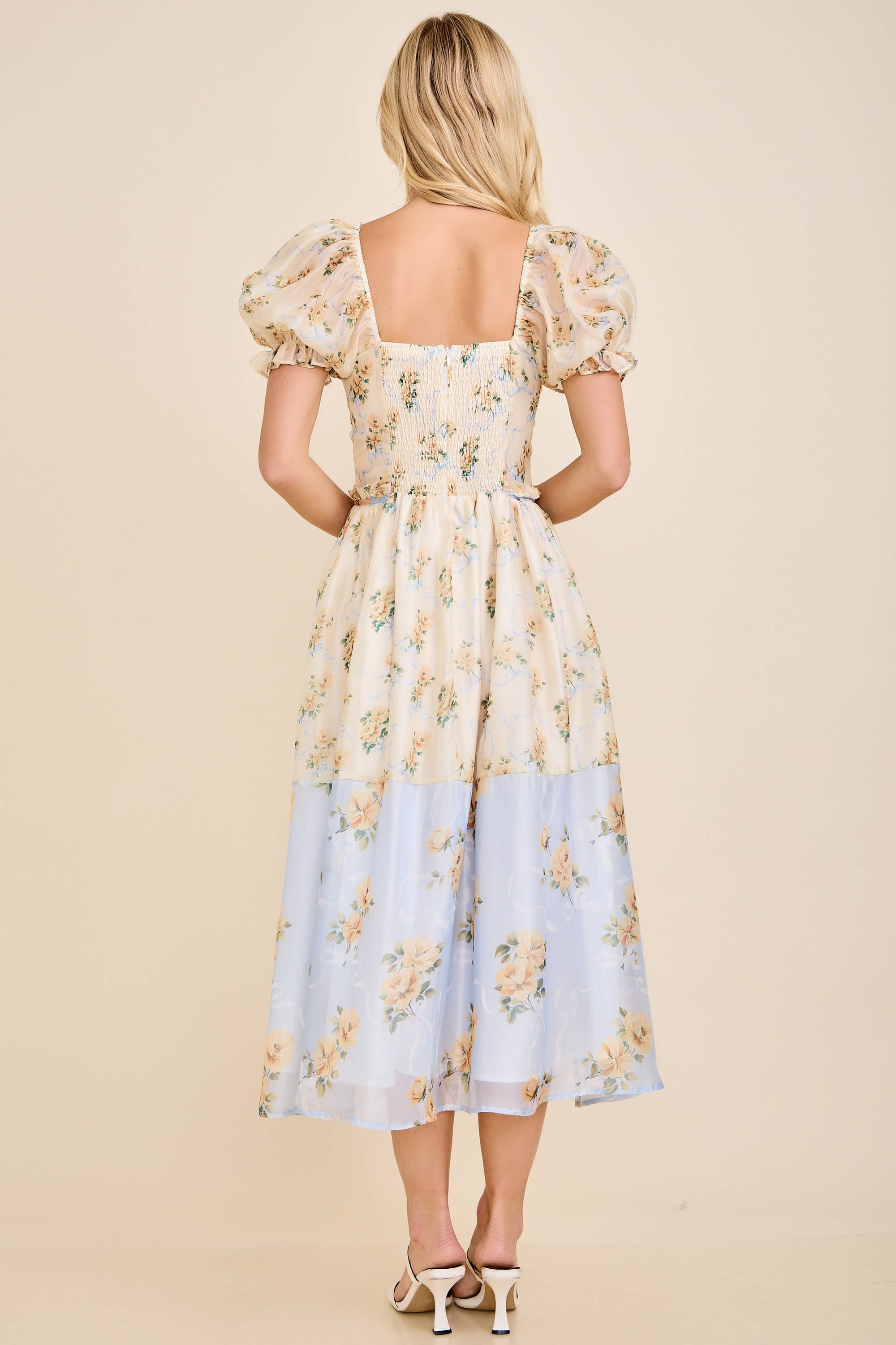 Cassy Floral print colorblock midi dress with puff short sleeves