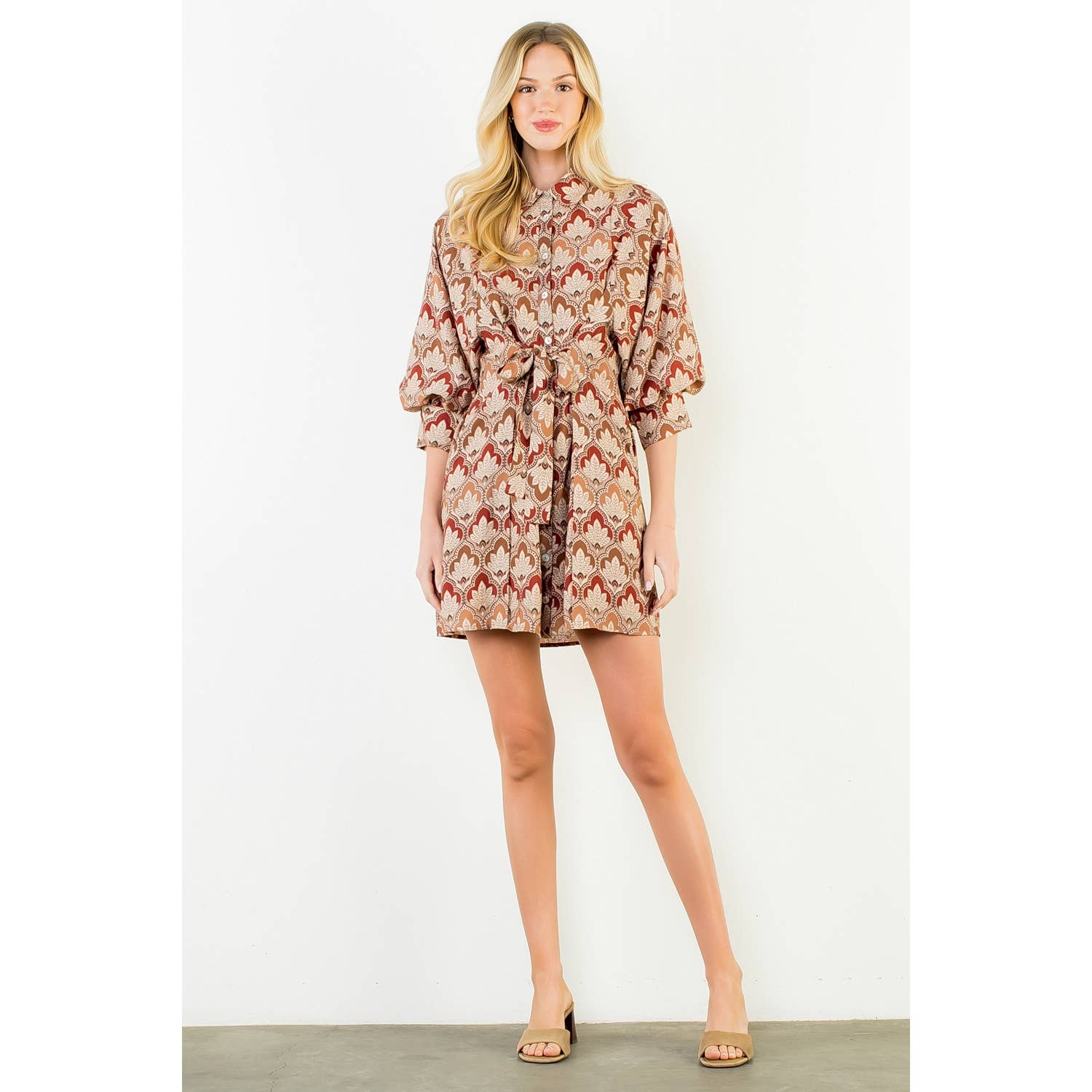 Alina - Long Sleeve Pattern Button Down Dress