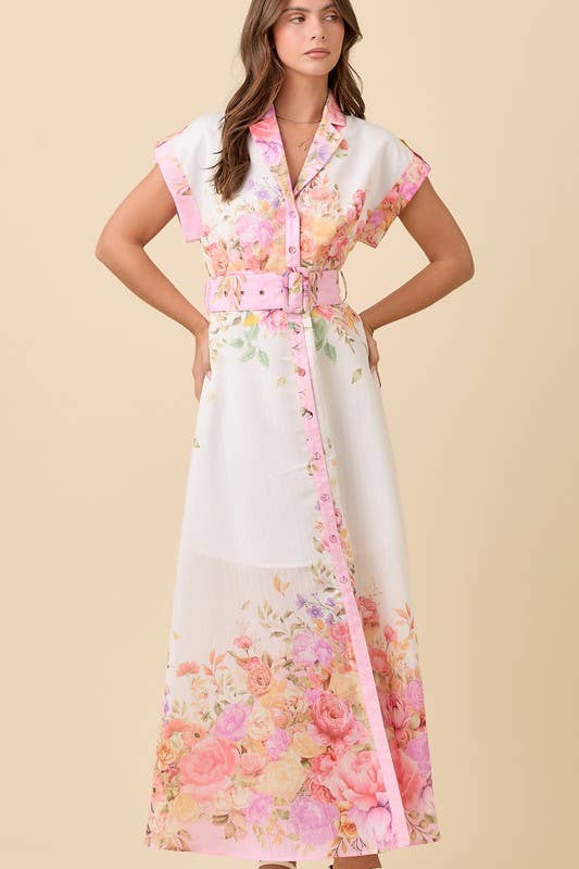 Phoebe - Floral Print Lapel Collar Button Down Maxi Dress