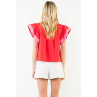 Rachel - Flutter Sleeve Contrast Trim V-Neck Top