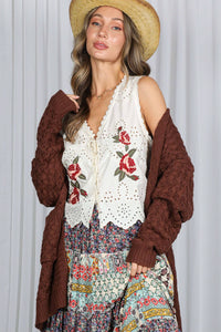 Frances-Patch Pocket Textured Crochet Knitted Cardigan