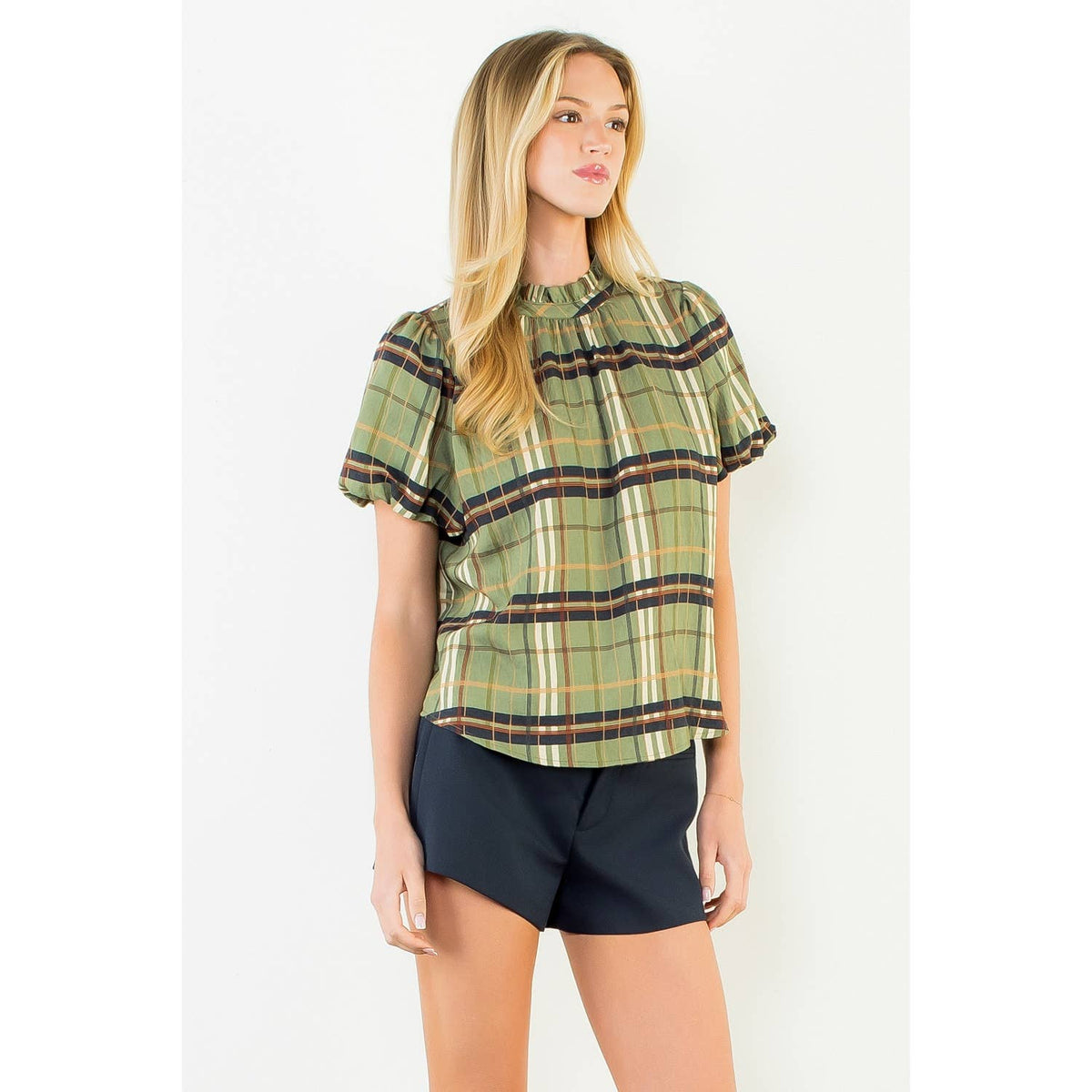 Maddie - Ruffled Neck Plaid Top