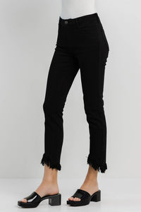 Mid Rise Black Fringe Hem Skinny