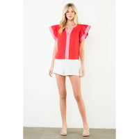 Rachel - Flutter Sleeve Contrast Trim V-Neck Top