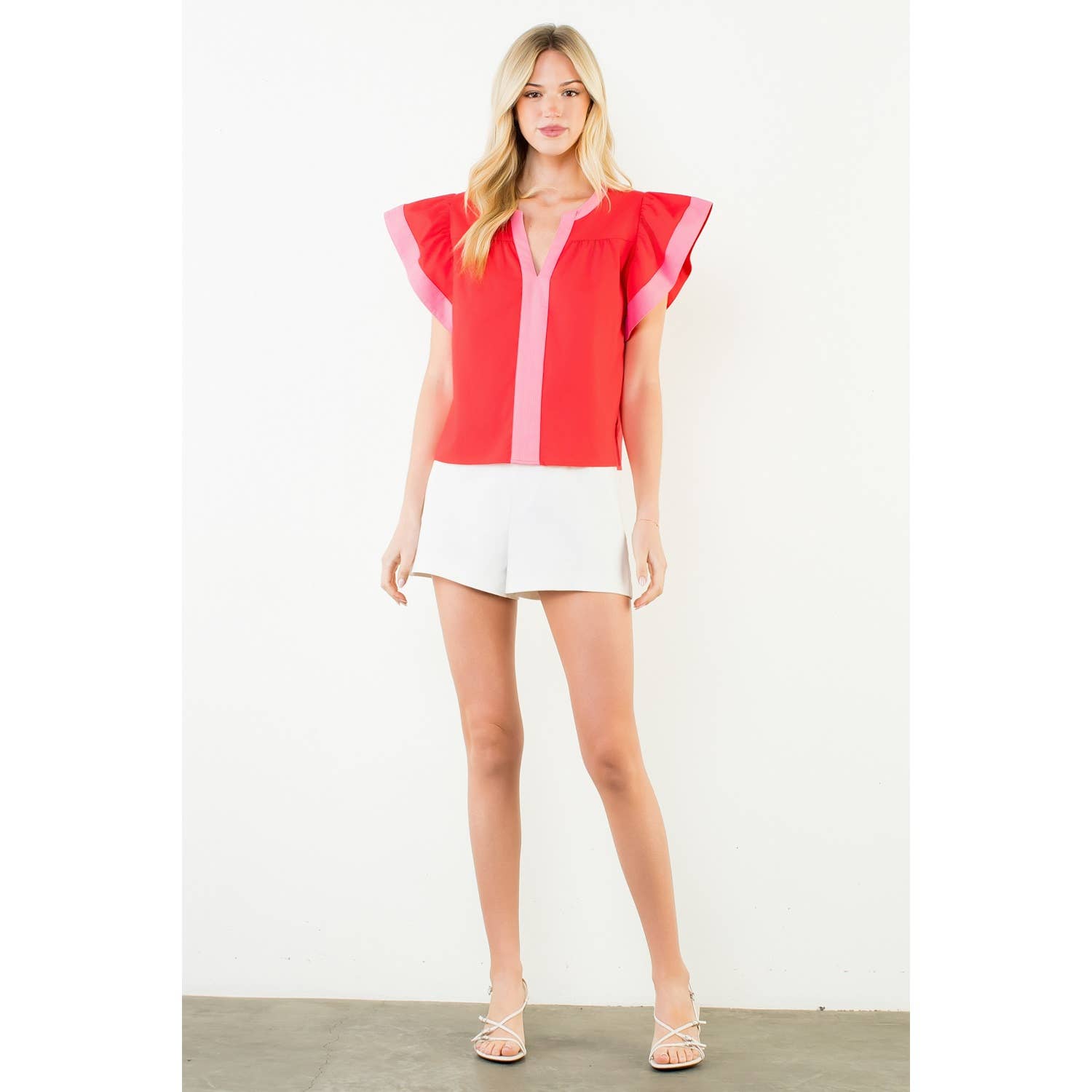 Rachel - Flutter Sleeve Contrast Trim V-Neck Top