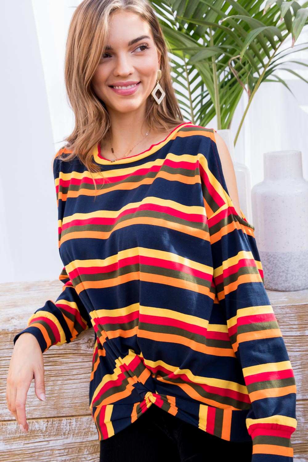 Sally - Multi Print Twist Front Cold Shoulder Knit Top