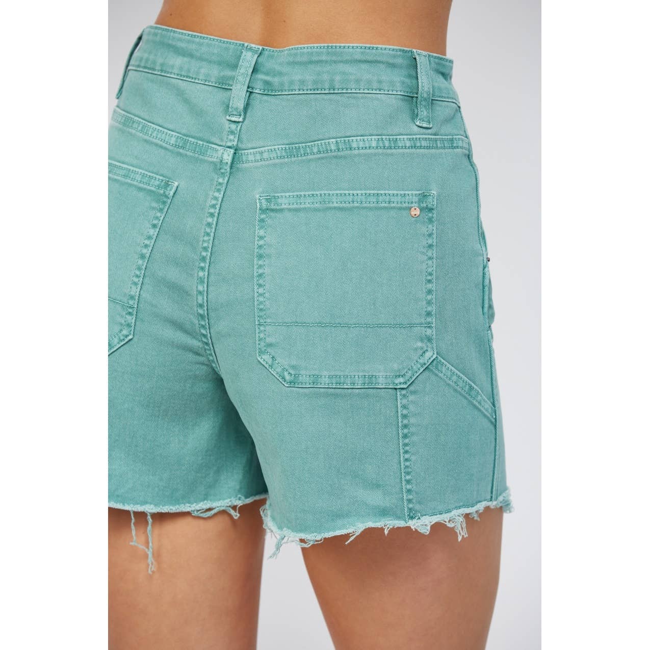 Teal Wash High-Rise Frayed Hem Carpenter Shorts