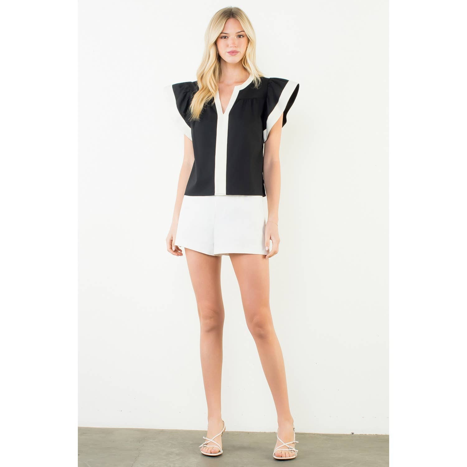 Rachel - Flutter Sleeve Contrast Trim V-Neck Top