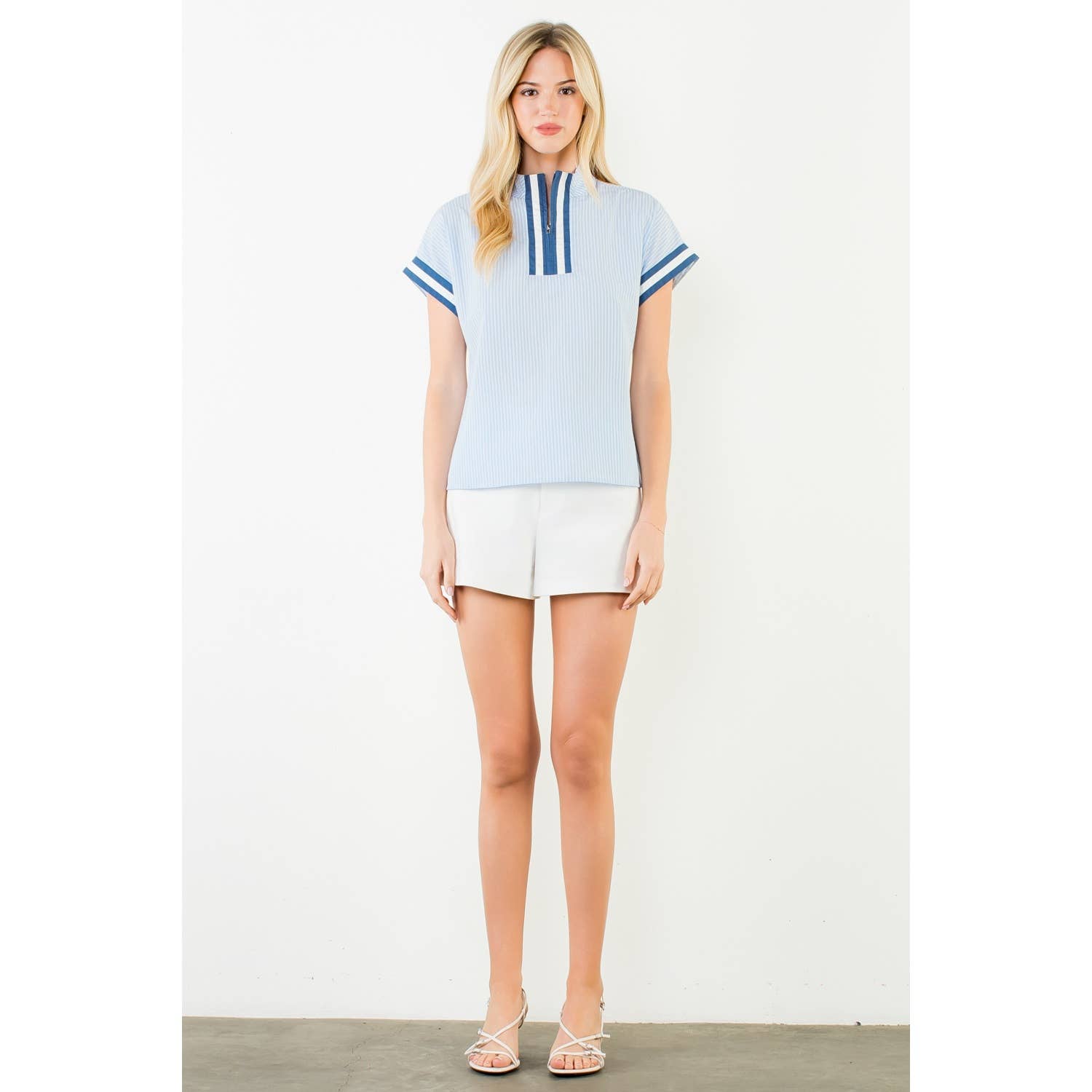Ally-Short Sleeve Striped Half Zipper Top