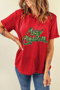 Red Merry Christmas Graphic Tee – Festive Slogan Crewneck T-Shirt, Women's Holiday Short Sleeve Top