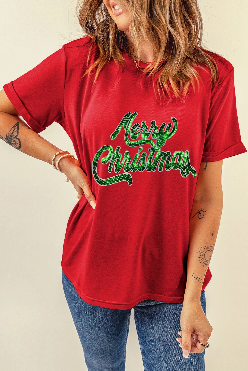 Red Merry Christmas Graphic Tee – Festive Slogan Crewneck T-Shirt, Women's Holiday Short Sleeve Top