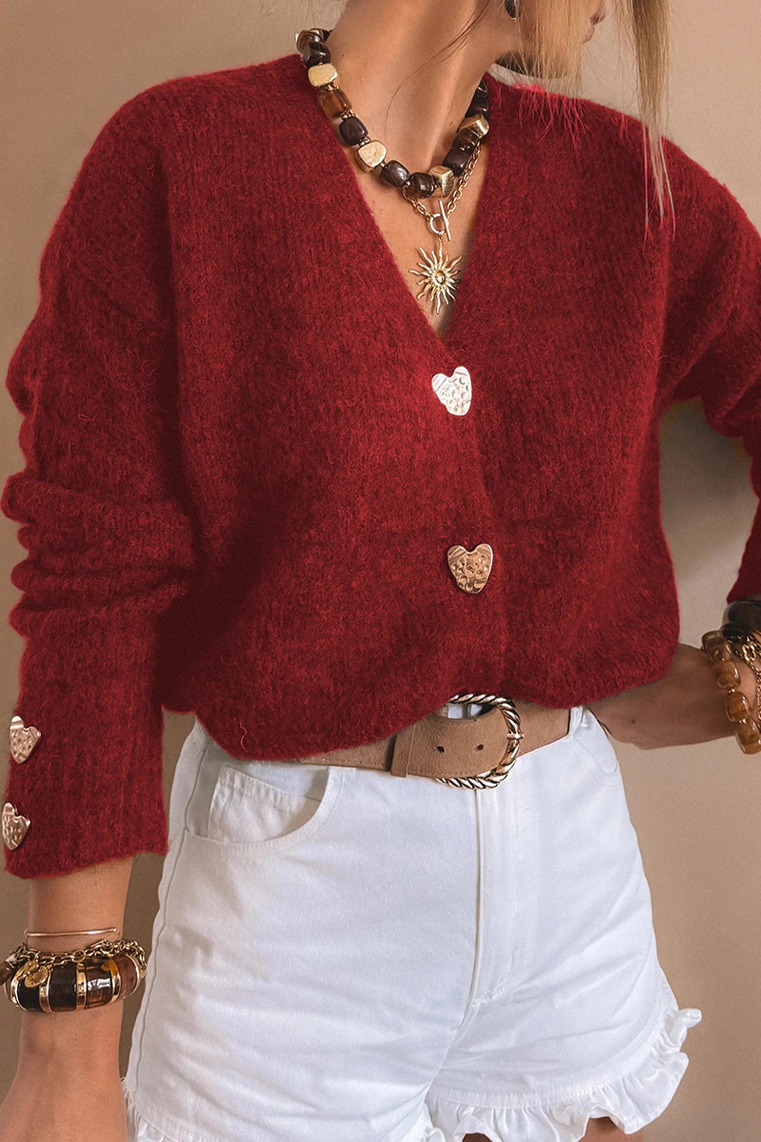 Margo - Red V-Neck Cardigan with Gold Heart Button