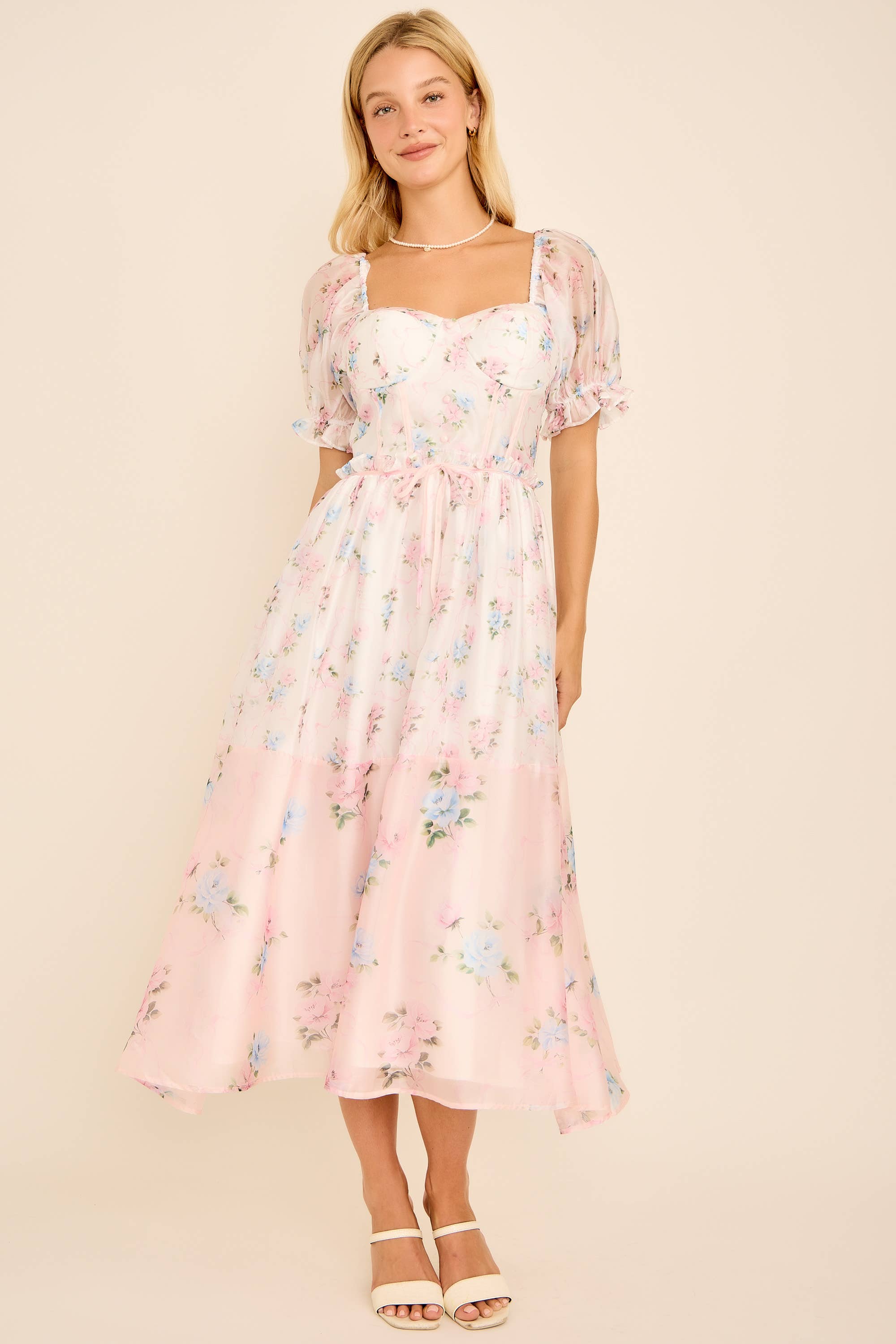 Cassy Floral print colorblock midi dress with puff short sleeves
