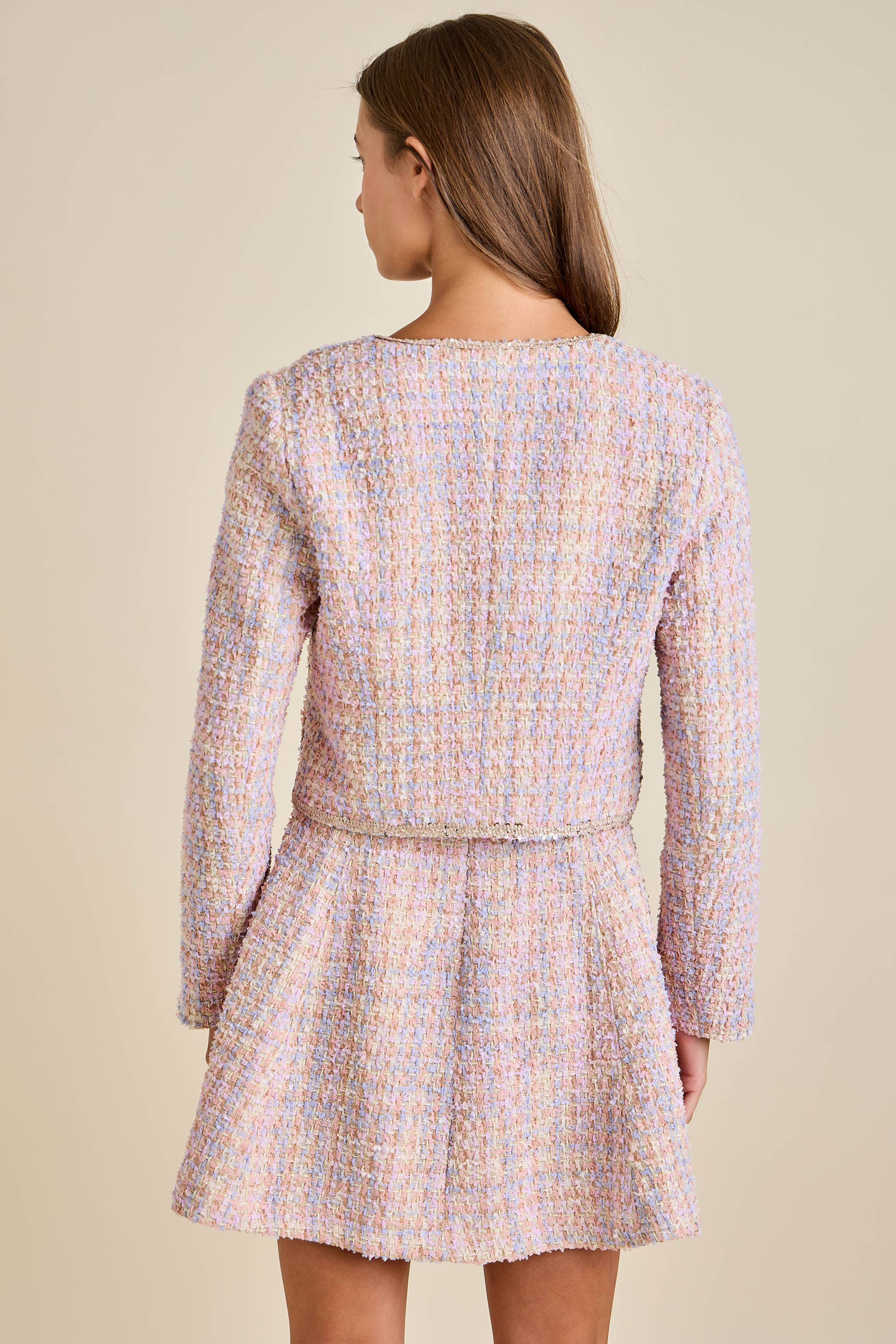Sloane - Pastel Sequin Braid Detailed Round Neck Tweed Jacket & Mini Dress Set