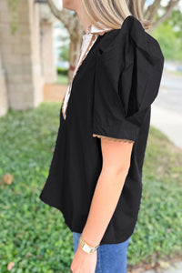 Helena-Black Ricrac Trim Color Block Patchwork Shirt Collar Short Sleeve Blouse