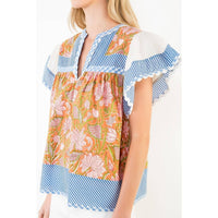 McKenna - Flowy Sleeve Mixed Media V-Neck Top