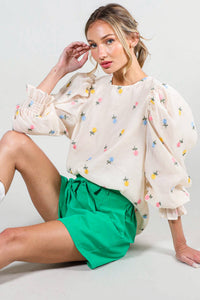 Madison - Floral Embroidered Long Puff Organza Blouse Top