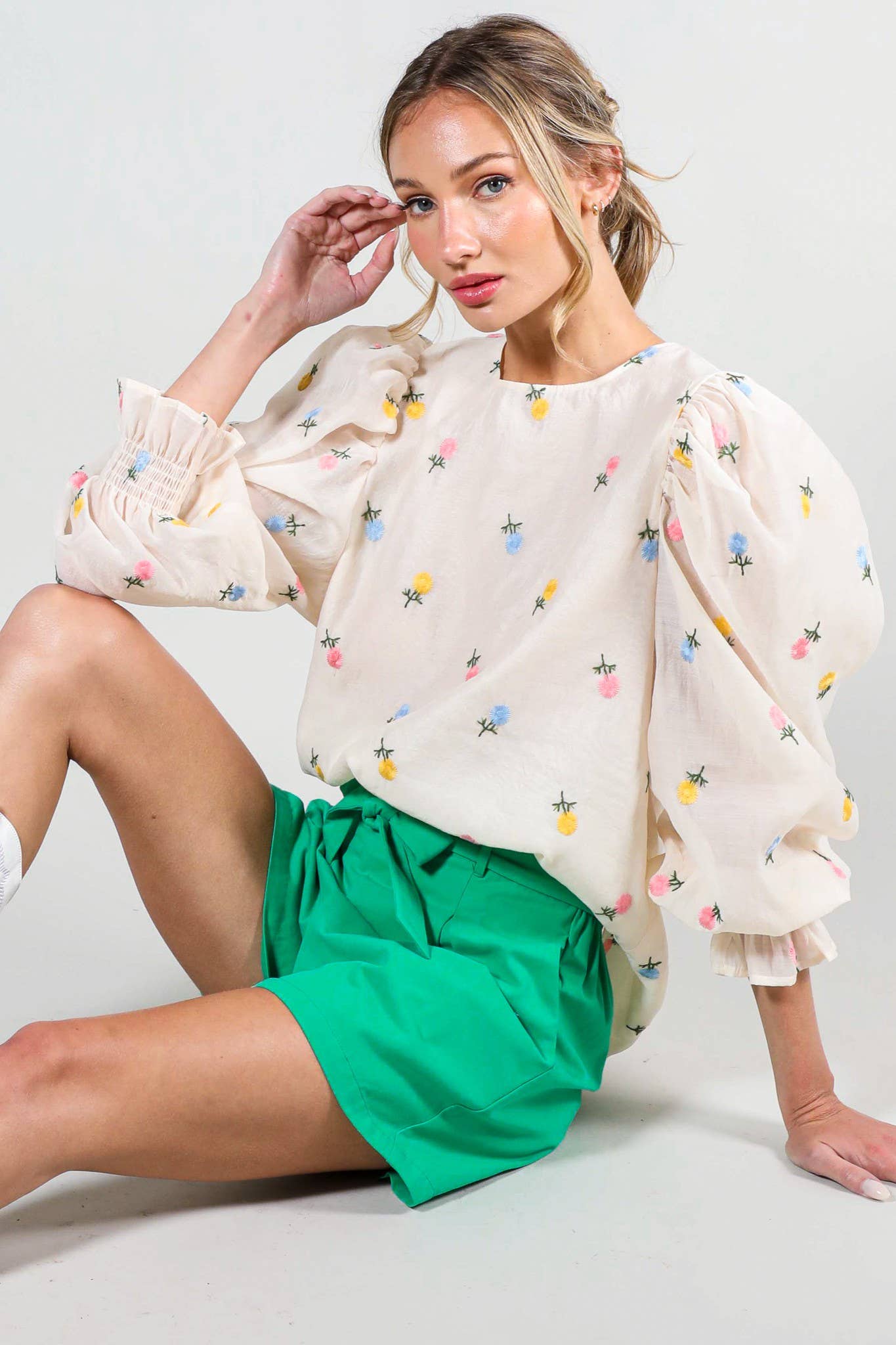 Madison - Floral Embroidered Long Puff Organza Blouse Top
